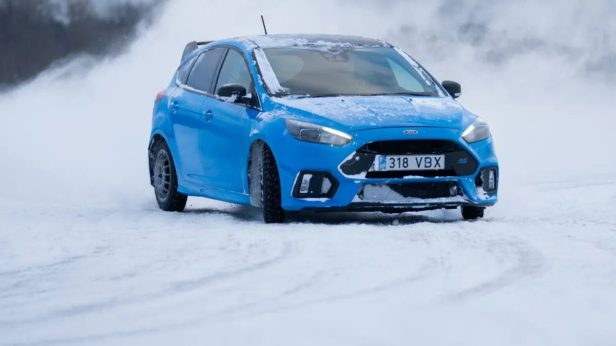 A car driving carefully on a snowy road