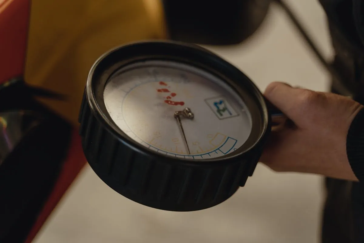 A pressure gauge checking a car tyre's air pressure
