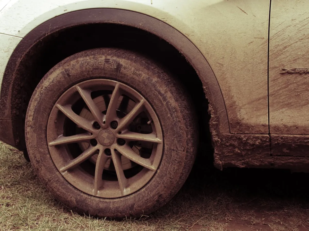 A wheel and tyre photographed from a low angle