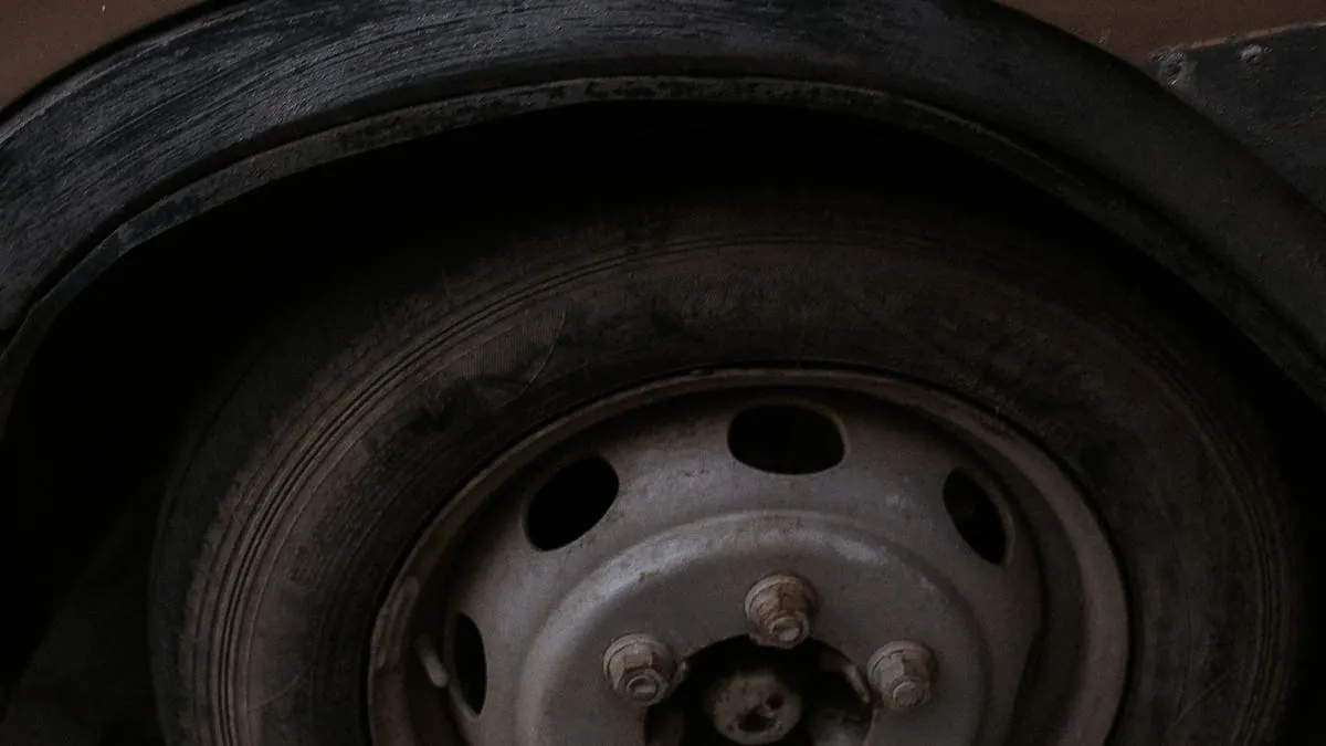 A driver inspecting a tyre to prevent punctures